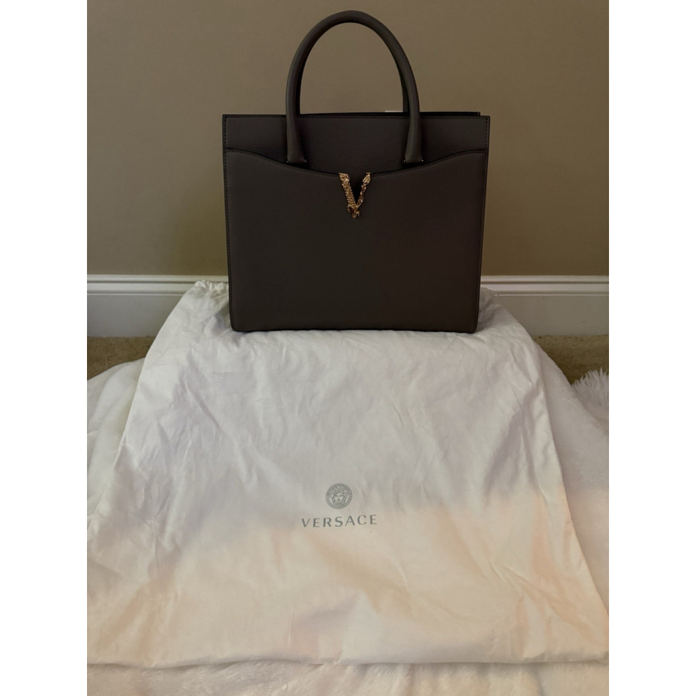 Versace Virtus Grainy Calf Leather Grey Large Top Handle Bag NWT $ 2100 Retail - Picture 9 of 10